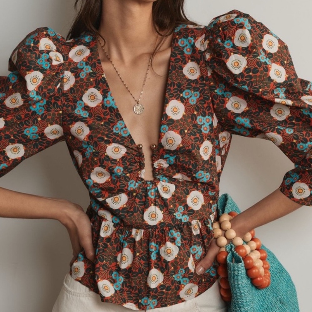 RHODE Floral Puff Sleeve Blouse - Brown and Blue